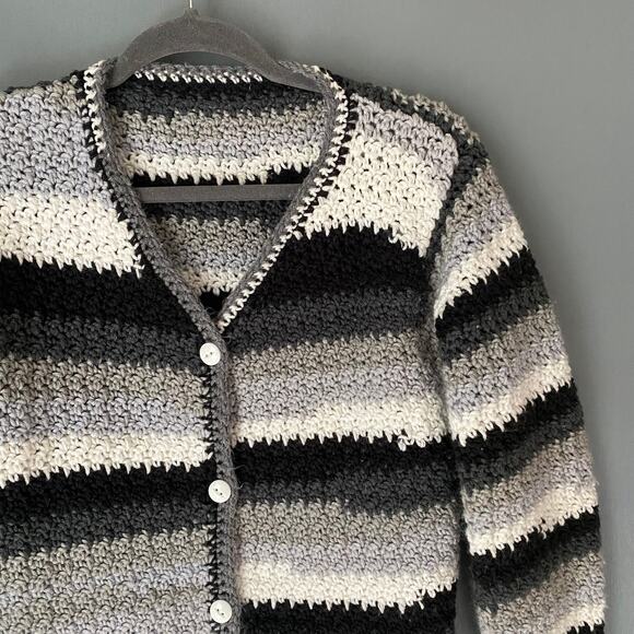 HAND KNIT Women's M Striped Cardigan Crochet Arts & Crafts Cottagecore Hippie - Picture 2 of 9